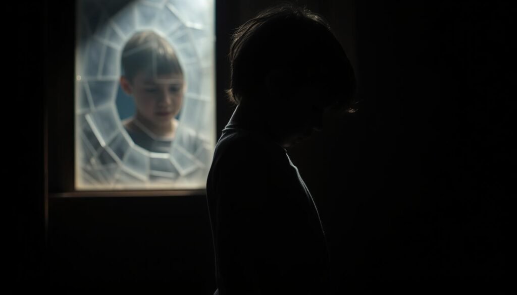 A troubled child standing in a dark, shadowy room, shoulders hunched, head bowed, lost in the weight of an overbearing and critical upbringing. The harsh lighting casts dramatic shadows, conveying a sense of psychological turmoil and low self-worth. In the background, a hazy, distorted reflection in a cracked mirror, symbolizing the child's distorted self-perception. The scene is imbued with a somber, melancholic atmosphere, capturing the lasting impact of an unhealthy family environment on the development of one's self-image.