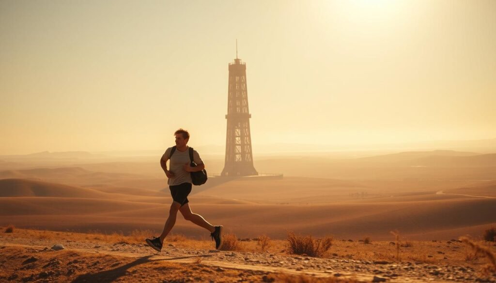 A vast and expansive landscape, bathed in the warm glow of the sun's rays. In the foreground, a determined individual strides purposefully, their expression resolute, their steps unwavering. They carry the weight of their commitment, their focus unwavering, as they navigate the path before them. In the middle ground, a towering structure rises, its sturdy foundation symbolizing the steadfast discipline required to build consistency. The structure's intricate details and architectural elegance speak to the meticulous attention to detail that underpins true mastery. The background is a serene, tranquil scene, with rolling hills and a vast, open sky. This calming backdrop provides a sense of balance and harmony, suggesting the inner peace that can be found through persistent, diligent effort. The overall atmosphere is one of determination, progress, and the unwavering pursuit of a higher purpose. The image conveys the idea that through unwavering commitment and consistent action, great things can be achieved.