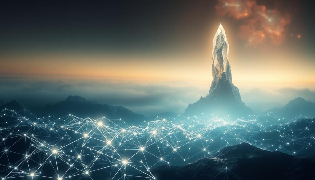 A vast, ethereal landscape bathed in a luminous, soft glow. In the foreground, a glimmering network of interconnected nodes and filaments, pulsing with a transcendent energy, representing the intricate web of collective consciousness. The middle ground features a towering, crystalline structure, its faceted surfaces refracting the light, symbolizing the foundational principles that undergird the collective mind. In the distance, a horizon of mist and nebulae, hinting at the boundless depths of the shared human experience. The scene is imbued with a sense of wonder, mystery, and the profound interconnectedness of all things.
