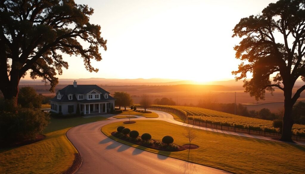 A vast, majestic landscape stretches out before us, bathed in the warm glow of a setting sun. In the foreground, a stately manor house stands tall, its elegant architecture a testament to generations of wealth and prosperity. Towering oak trees line the winding driveway, their branches casting gentle shadows across the well-tended gardens. In the distance, rolling hills and lush vineyards paint a picture of abundance and self-sufficiency. The scene exudes a sense of timelessness and legacy, a tangible reminder of the hard work and vision that have been passed down through the ages. This is the legacy of prosperity, a visual embodiment of the triumph over adversity and the promise of a brighter future.