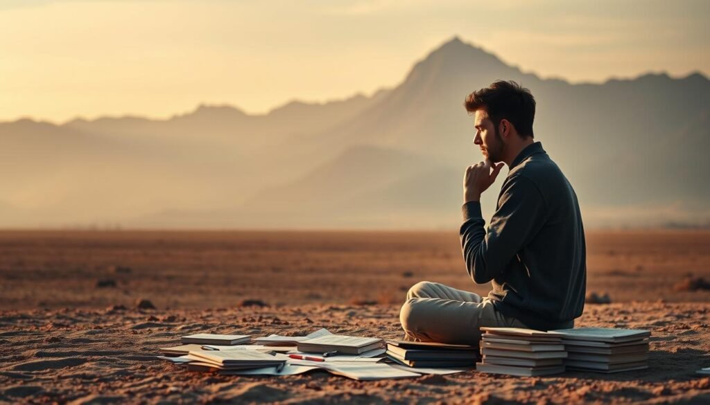 A vast, open landscape, with a towering mountain range in the background, its peaks reaching towards the sky. In the foreground, a figure sits in a thoughtful pose, their brow furrowed in concentration, deep in contemplation. Soft, diffused lighting casts a warm glow over the scene, creating a sense of introspection and clarity. The figure is surrounded by a scattered array of books, papers, and writing instruments, suggesting the active engagement of the mind. The overall atmosphere is one of quiet reflection and intellectual exploration, inviting the viewer to engage in the process of critical thinking.
