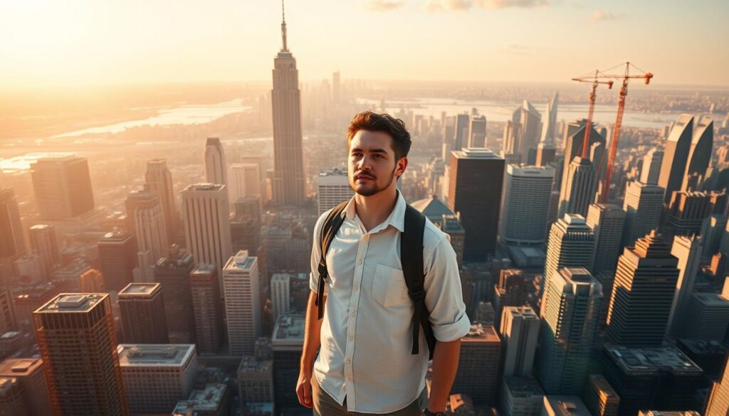 A vast, sun-drenched city skyline, bustling with activity and innovation. In the foreground, a determined individual stands tall, their gaze fixed on the horizon, embodying an entrepreneurial spirit. Surrounding them, a dynamic landscape of towering skyscrapers, cranes, and the vibrant energy of a thriving metropolis. The lighting is warm and golden, casting a sense of opportunity and potential. The composition is balanced, with the individual occupying a central position, symbolizing the importance of an entrepreneurial mindset in shaping the future. A wide-angle lens captures the grand scale of the scene, emphasizing the scope and impact of this mindset. The mood is one of ambition, drive, and the belief that anything is possible.