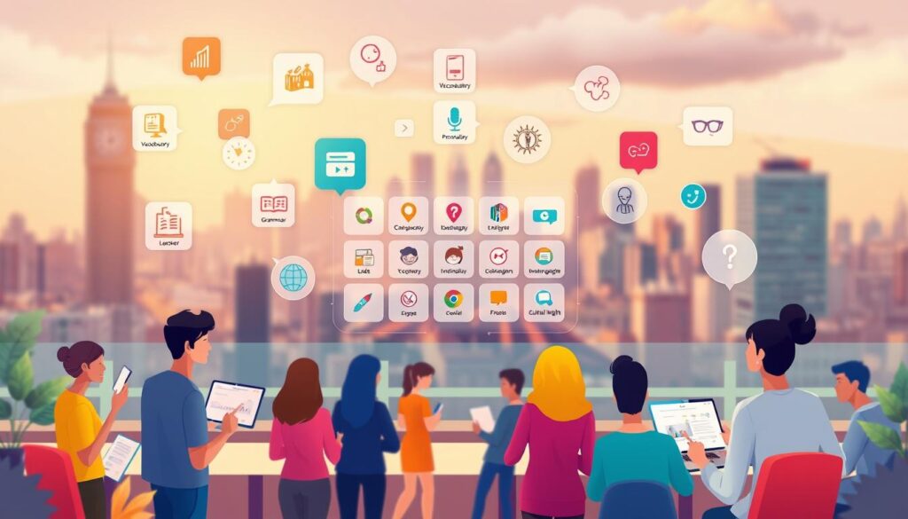 A vibrant and colorful illustration depicting the key features of language learning. In the foreground, a diverse group of learners engaged in interactive activities, surrounded by floating icons representing various aspects of the learning process - vocabulary, grammar, pronunciation, conversation, and cultural insights. The middle ground showcases a sleek, modern digital platform with intuitive interfaces and personalized learning paths. In the background, a softly blurred cityscape sets the scene, hinting at the global connectivity and accessibility of the online language learning experience. Warm lighting casts a welcoming glow, while a sense of energy and dynamism pervades the entire composition, capturing the power and potential of Preply's innovative language learning solutions.
