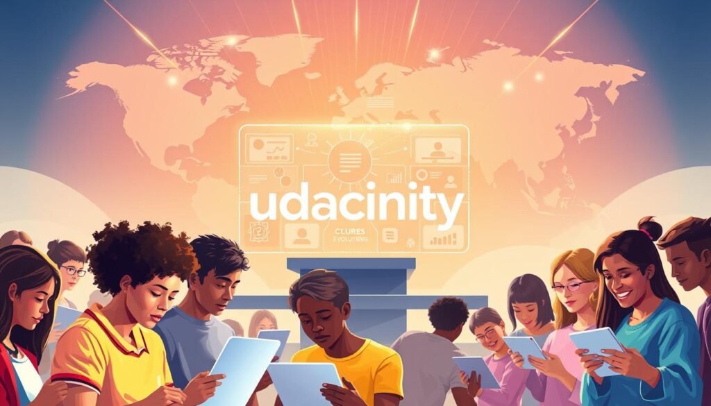 A vibrant and dynamic illustration of the Udacity global education platform, showcasing its evolution in online learning. In the foreground, a diverse group of students collaborating on digital devices, their faces illuminated by a soft, warm light. In the middle ground, the Udacity logo stands prominently, surrounded by a modern, minimalist interface filled with interactive learning modules and course content. The background features a stylized world map, representing Udacity's global reach and accessibility, with shimmering rays of knowledge emanating from the central platform. The overall composition conveys a sense of innovation, connectivity, and the transformative power of Udacity's expert-led online education.
