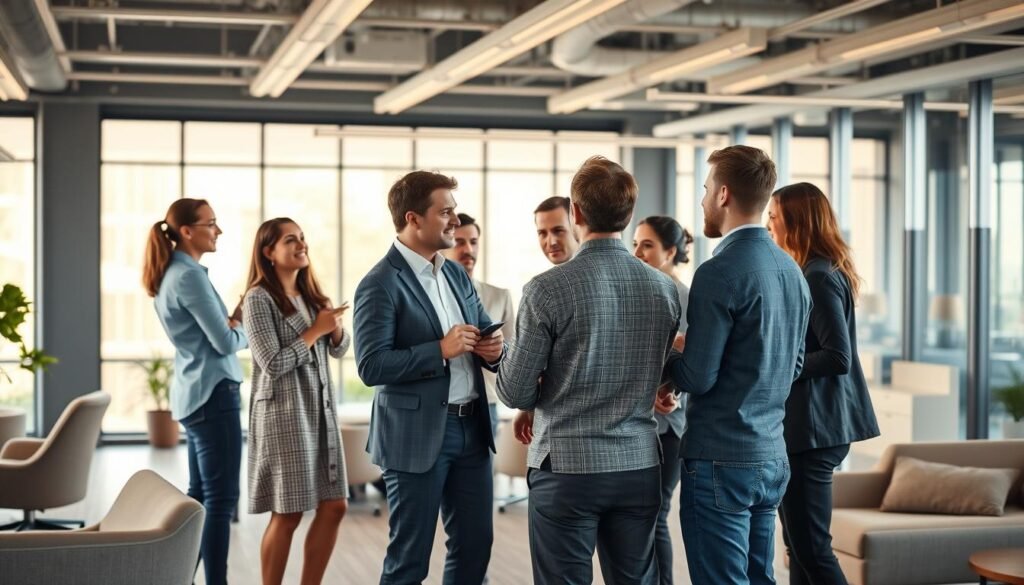 A vibrant and dynamic office scene depicting continuous communication and collaboration within a focused team. In the foreground, a group of professionals engage in a lively discussion, their body language conveying active participation and engaged exchange of ideas. The middle ground features an open-concept workspace with flexible seating arrangements, encouraging spontaneous interactions. The background showcases a sleek, modern office environment with large windows, allowing natural light to flood the space and create a sense of openness and transparency. Soft, warm lighting casts a productive and collaborative atmosphere, while the color palette reflects a harmonious blend of professional tones. The overall composition should evoke a well-coordinated, productive, and interconnected team dynamic.