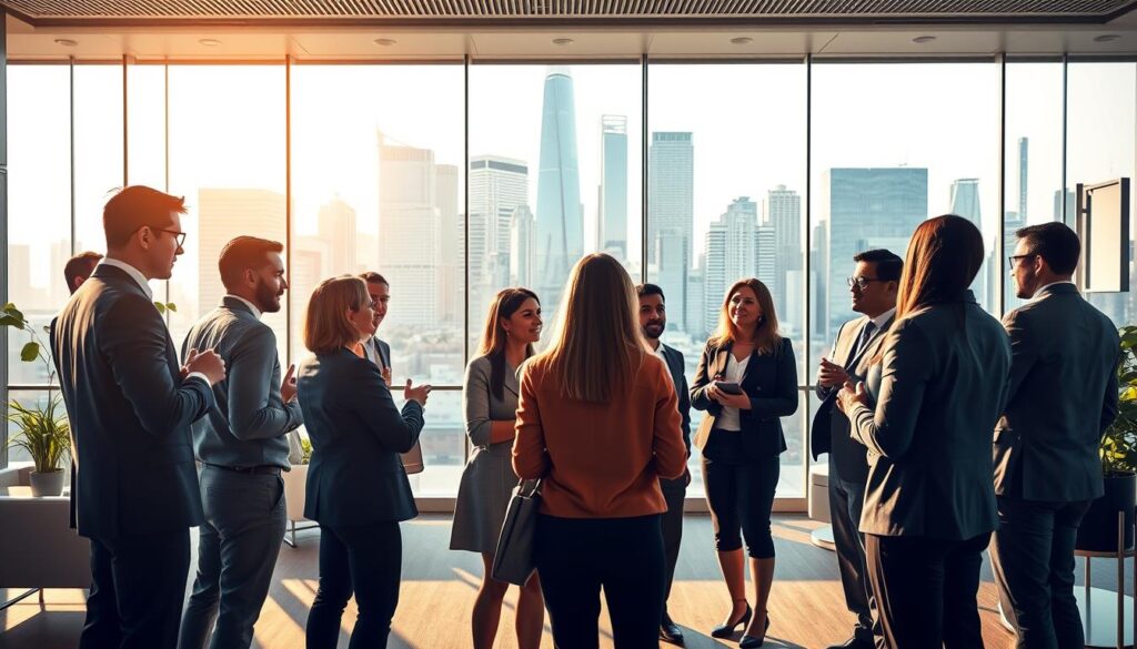 A vibrant and dynamic scene depicting the concept of "continuous training and learning". In the foreground, a diverse group of business professionals are engaged in a lively discussion, their body language and facial expressions conveying a sense of collaboration and intellectual exchange. The middle ground showcases a sleek, modern office setting with minimalist furnishings and abundant natural light, creating an atmosphere of innovation and progress. In the background, a towering cityscape with gleaming skyscrapers symbolizes the ever-evolving business landscape, underscoring the importance of staying ahead through continuous professional development. The lighting is warm and inviting, casting a glow over the scene and emphasizing the energy and determination of the individuals striving to enhance their leadership skills.