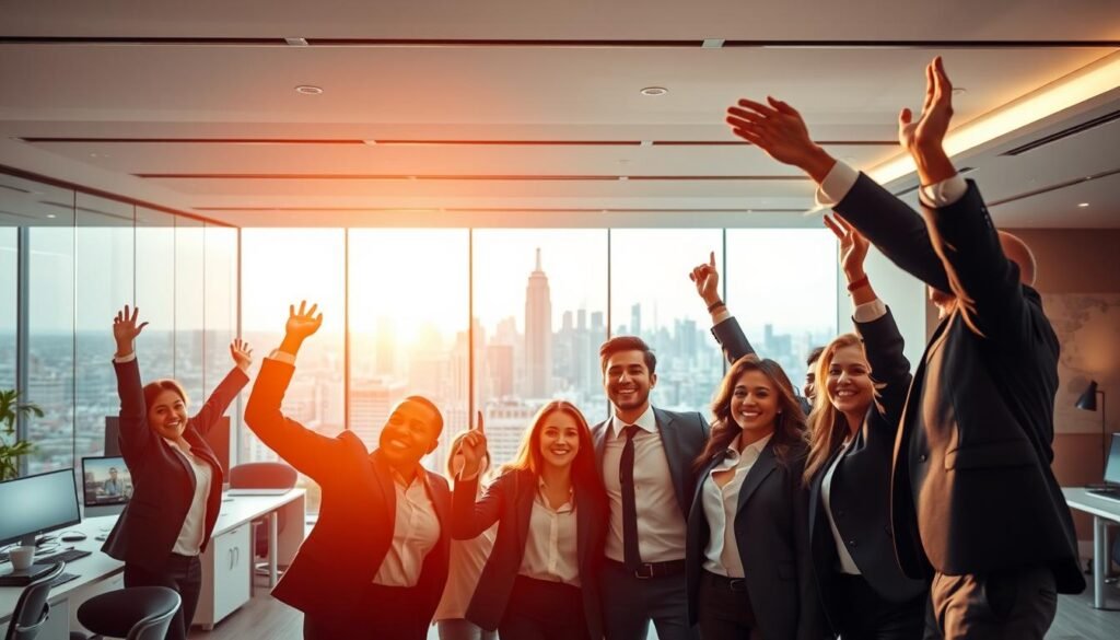A vibrant and inspiring workplace scene depicting "قصص نجاح وظيفي". In the foreground, a group of professionals in business attire celebrate their accomplishments, their expressions radiating pride and enthusiasm. The middle ground showcases a sleek, modern office environment with high-tech workstations and collaborative spaces. In the background, a panoramic view of a bustling city skyline, symbolizing the vast opportunities and growth potential. Warm lighting creates a sense of optimism, while the carefully composed framing and dynamic poses convey a narrative of hard work, determination, and fulfillment. An empowering and aspirational image that captures the essence of professional success stories.