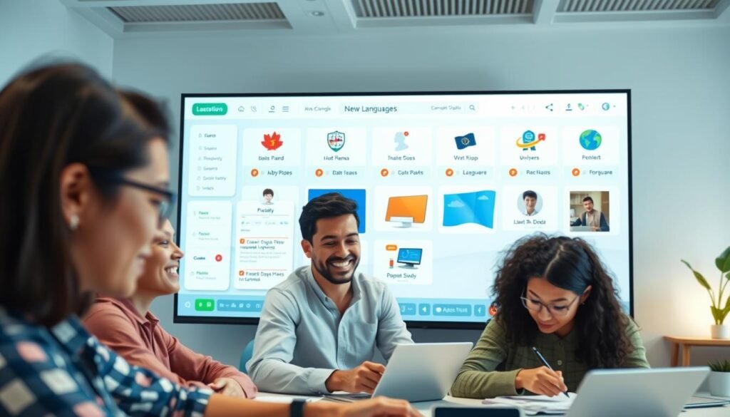 A vibrant and modern language learning platform with a clean, user-friendly interface. In the foreground, a diverse group of students engaged in interactive lessons, their faces filled with concentration and enthusiasm. The middle ground showcases a variety of learning tools and resources, such as virtual whiteboards, study materials, and communication channels. In the background, a serene and calming atmosphere with soft lighting, creating a welcoming and productive learning environment. The overall scene conveys a sense of collaboration, progress, and the joy of discovering new languages.