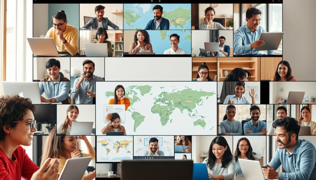 A vibrant collage of user experiences in learning languages, showcasing a diverse array of individuals engaged in interactive lessons, video calls, and immersive cultural exchanges. The foreground features a group of learners intently focused on their screens, with expressions of concentration and excitement. The middle ground captures the virtual classroom setting, complete with digital whiteboards, language learning tools, and a sense of collaborative exploration. In the background, a world map or language-themed imagery provides a unifying context, evoking the global reach and cultural richness of the language learning journey. Warm, natural lighting, a soft focus, and a harmonious color palette create an inviting and inspiring atmosphere, reflecting the empowering and rewarding experiences of italki users.