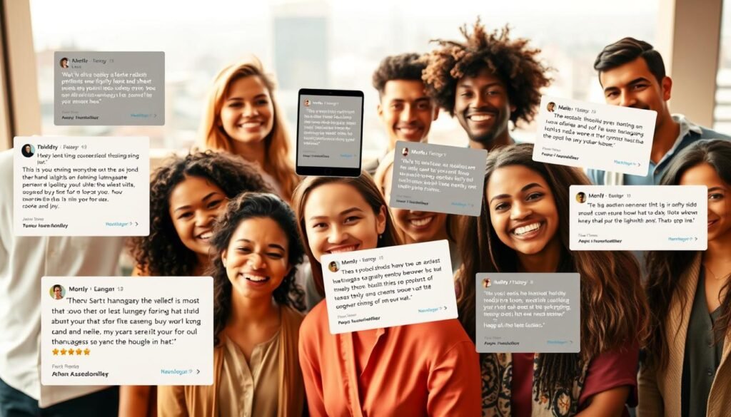 A vibrant collage showcasing user reviews and testimonials about learning languages with Mondly. In the foreground, a group of diverse people in natural, candid poses, their faces alight with satisfied expressions as they share their positive experiences. The middle ground features a cluster of floating digital devices, their screens displaying excerpts from glowing user comments. In the background, a softly blurred cityscape or landscape provides a serene, relatable backdrop. The lighting is warm and inviting, creating an atmosphere of trust, approachability, and genuine user enthusiasm for the language learning platform.