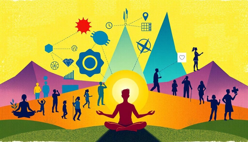 A vibrant, colorful illustration depicting various strategies for personal growth and self-development. In the foreground, a person meditating in a serene, natural setting, representing introspection and inner transformation. Behind them, a series of abstract geometric shapes and icons symbolizing different aspects of self-improvement, such as goal-setting, skill-building, and habit formation. The middle ground features silhouettes of people engaged in various self-care and personal development activities, conveying a sense of community and shared journey. The background is a rich, textured landscape with a warm, golden hue, creating an atmosphere of positivity and growth. The overall composition should evoke a sense of dynamism, progress, and the empowering possibilities of personal growth.