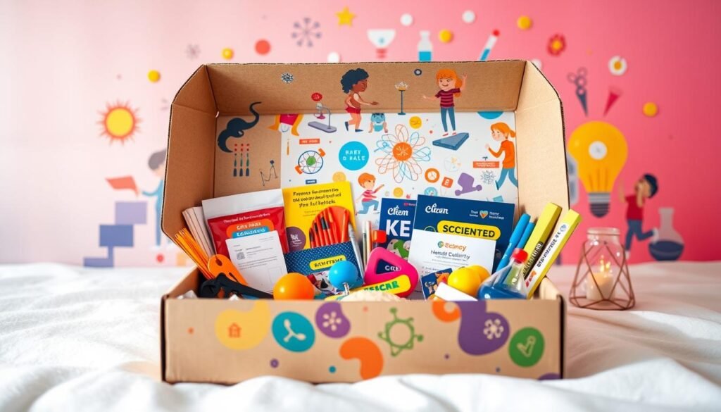 A vibrant, colorful subscription box for kids filled with hands-on STEM experiments and educational resources. The foreground showcases an open box revealing a selection of fascinating science kits, tools, and learning materials. The middle ground presents a diverse array of engaging activities, from electronics and robotics to chemistry and biology. The background features a whimsical, playful illustration of children exploring and discovering the wonders of science, with pops of bold primary colors and a warm, inviting atmosphere. Soft, diffused lighting illuminates the scene, evoking a sense of wonder and excitement for scientific exploration. A vibrant, colorful subscription box for kids filled with hands-on STEM experiments and educational resources. The foreground showcases an open box revealing a selection of fascinating science kits, tools, and learning materials. The middle ground presents a diverse array of engaging activities, from electronics and robotics to chemistry and biology. The background features a whimsical, playful illustration of children exploring and discovering the wonders of science, with pops of bold primary colors and a warm, inviting atmosphere. Soft, diffused lighting illuminates the scene, evoking a sense of wonder and excitement for scientific exploration.