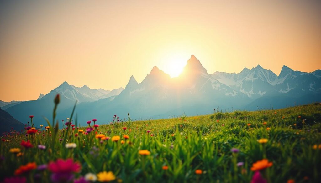 A vibrant, dynamic landscape depicting a growth mindset and path to success. In the foreground, a lush, verdant meadow bursting with colorful wildflowers and verdant grasses, symbolizing the fertile soil of a positive, expansive mindset. Towering mountains rise majestically in the middle ground, their snow-capped peaks piercing the sky, representing the challenges and obstacles to be overcome. In the background, a warm, golden sun casts a soft, inspiring glow, illuminating the journey and infusing the scene with a sense of hope, determination, and limitless potential. The composition is framed by a wide-angle lens, capturing the grand scale and awe-inspiring scope of the visual metaphor. The overall mood is one of optimism, growth, and triumphant achievement.