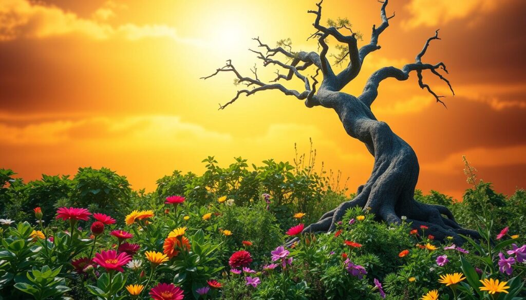 A vibrant, dynamic landscape symbolizing the power of a growth mindset. In the foreground, a lush, verdant garden blooms with colorful flowers and thriving foliage, representing the flourishing potential of personal development. In the middle ground, a sturdy, twisting tree stretches its branches skyward, its rugged bark a testament to the resilience of an individual's capacity for change and improvement. The background depicts a warm, golden-hued sky, bathed in the radiant light of inspiration, hope, and the boundless opportunities that await those who embrace a journal mindset. The scene is illuminated by a soft, diffused lighting that lends an air of tranquility and contemplation, inviting the viewer to reflect on their own journey of growth and self-discovery.