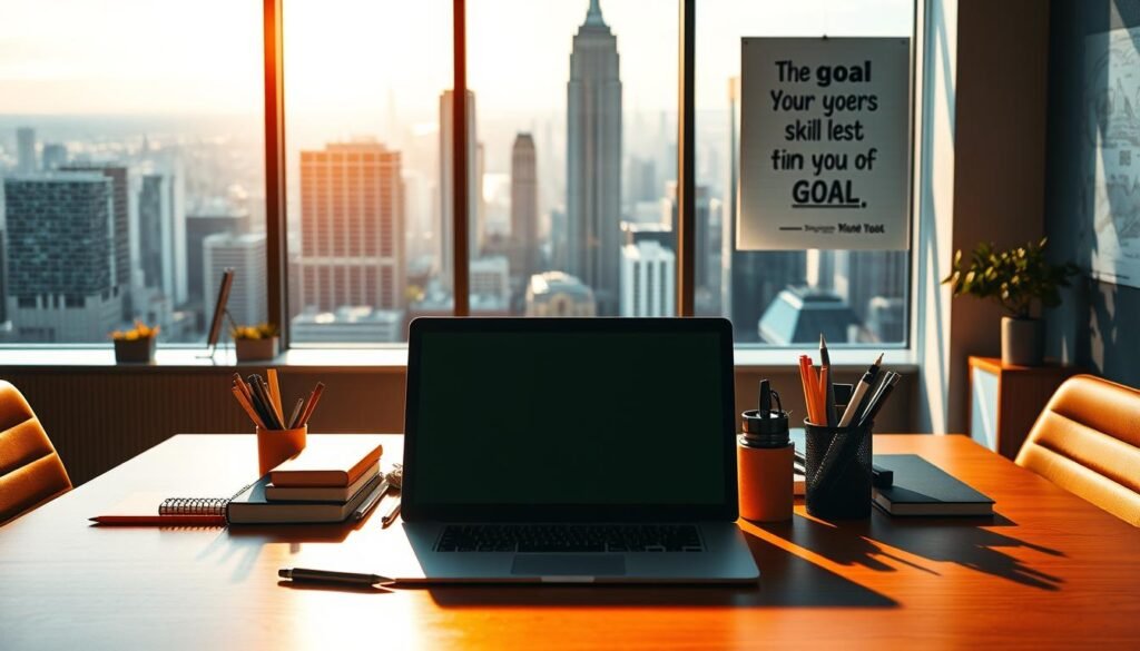 A vibrant, dynamic office setting with a prominent desk at the center, showcasing a laptop, pen, and a neatly organized array of office supplies. The desk is bathed in warm, directional lighting, casting subtle shadows and highlighting the professional atmosphere. In the background, a large window overlooks a bustling cityscape, symbolizing the reach and aspirations of the business. On the walls, inspirational quotes and goal-oriented visuals are displayed, reflecting the company's drive towards success. The overall scene conveys a sense of focus, determination, and the pursuit of ambitious business objectives.
