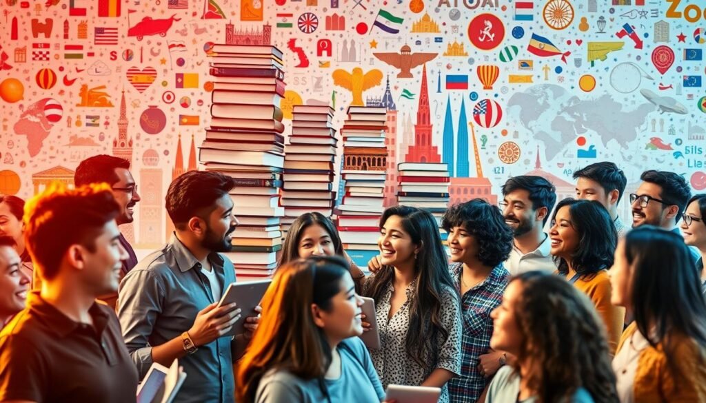 A vibrant, dynamic scene of a language learning revolution. In the foreground, a diverse group of people of all ages and backgrounds engage in lively conversation, their faces alight with excitement and discovery. Behind them, a towering stack of books and tablets represents the vast wealth of knowledge and resources available for language learning. In the background, a mosaic of global landmarks and cultural symbols swirls in a kaleidoscope of colors, conveying the interconnectedness of languages and cultures. Warm, diffused lighting bathes the scene in an inspiring, transformative glow, highlighting the sense of progress and empowerment.