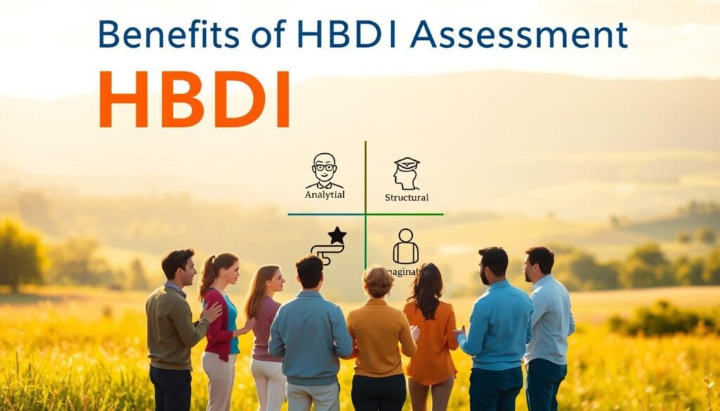 A vibrant illustration of the "Benefits of HBDI Assessment", showcasing four distinct thinking styles. In the foreground, a group of diverse individuals engaged in dynamic discussions, their body language expressing the synergy and collaboration fostered by understanding one's cognitive preferences. The middle ground features a visual representation of the four quadrants of the HBDI model - Analytical, Structural, Social, and Imaginative - each with its own unique iconography. The background depicts a serene, contemplative landscape, symbolizing the self-awareness and personal growth enabled by the assessment. Warm lighting casts a gentle glow, highlighting the positive impact of the HBDI on personal and professional development.