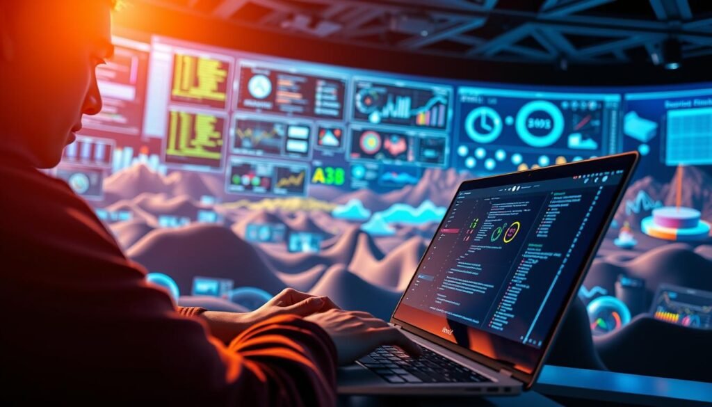 A vibrant, immersive coding environment with a sleek, modern interface. In the foreground, a person intently typing code on a state-of-the-art laptop, their face illuminated by the glow of the screen. The middle ground showcases an array of interactive visualizations and data analysis tools, inviting the user to explore and experiment. In the background, a dynamic landscape of graphs, charts, and 3D models, creating a sense of depth and complexity. The lighting is warm and focused, casting a productive, engaged atmosphere. The camera angle is slightly elevated, giving a sense of the user's active involvement and control over the learning experience. A vibrant, immersive coding environment with a sleek, modern interface. In the foreground, a person intently typing code on a state-of-the-art laptop, their face illuminated by the glow of the screen. The middle ground showcases an array of interactive visualizations and data analysis tools, inviting the user to explore and experiment. In the background, a dynamic landscape of graphs, charts, and 3D models, creating a sense of depth and complexity. The lighting is warm and focused, casting a productive, engaged atmosphere. The camera angle is slightly elevated, giving a sense of the user's active involvement and control over the learning experience.