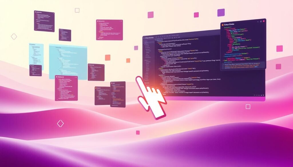 A vibrant, interactive coding environment with dynamic windows, floating code blocks, and glowing interface elements. The foreground showcases a central coding editor surrounded by floating menus, toolbars, and customizable panels. The middle ground features a larger-than-life, animated cursor manipulating lines of code. The background is a sleek, minimalist landscape with subtle gradients and geometric shapes that create a sense of depth and digital immersion. The lighting is soft and diffused, casting a warm, inviting glow across the scene. The overall mood is one of creativity, interactivity, and the joyful exploration of programming. A vibrant, interactive coding environment with dynamic windows, floating code blocks, and glowing interface elements. The foreground showcases a central coding editor surrounded by floating menus, toolbars, and customizable panels. The middle ground features a larger-than-life, animated cursor manipulating lines of code. The background is a sleek, minimalist landscape with subtle gradients and geometric shapes that create a sense of depth and digital immersion. The lighting is soft and diffused, casting a warm, inviting glow across the scene. The overall mood is one of creativity, interactivity, and the joyful exploration of programming.