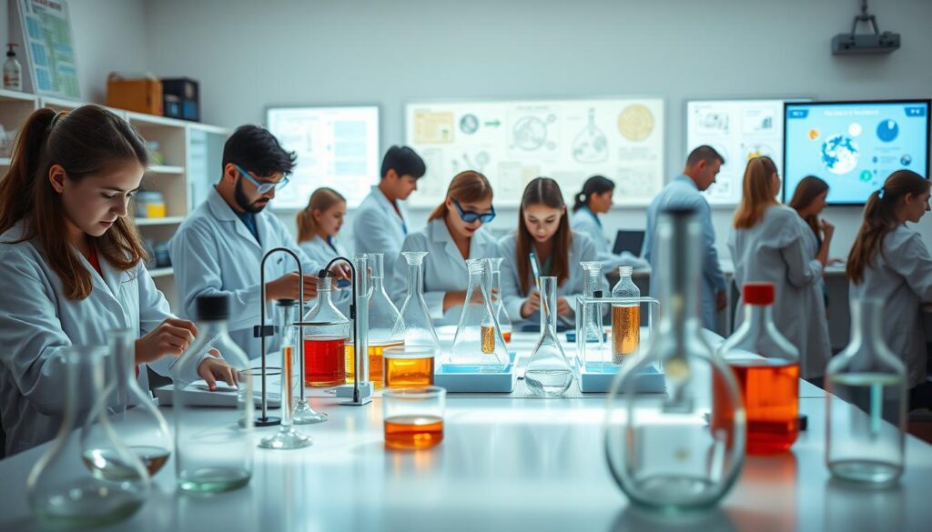 A vibrant, interactive science laboratory filled with engaging experiments. In the foreground, a table showcases various scientific instruments and glassware, emitting a soft, natural light. The middle ground features scientists in white lab coats, intently observing and conducting hands-on experiments with an air of curiosity and discovery. In the background, a wall-mounted display showcases informative diagrams and visuals, complementing the hands-on activities. The scene conveys a dynamic, immersive learning environment that sparks the imagination and invites exploration of scientific principles.