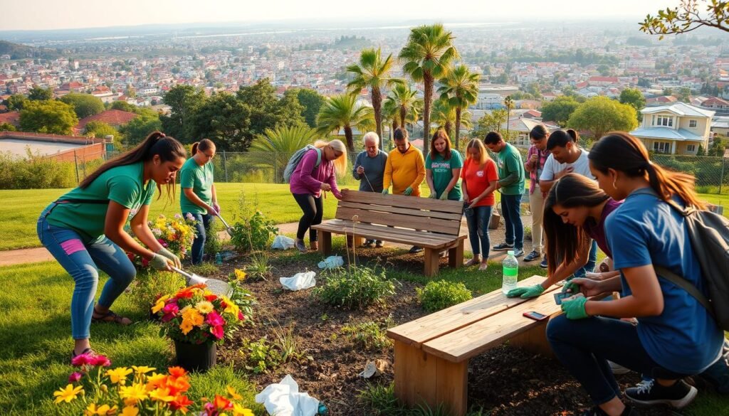 A vibrant outdoor scene of volunteers engaged in meaningful community service. In the foreground, a group of people of diverse ages and backgrounds work together to beautify a local park, planting flowers and picking up litter. In the middle ground, another team constructs a wooden bench for a community garden, their faces lit by the warm glow of the afternoon sun. In the background, a sprawling urban landscape provides a backdrop, suggesting the positive impact of these volunteer efforts on the wider community. The overall mood is one of camaraderie, purpose, and a shared commitment to making a difference.