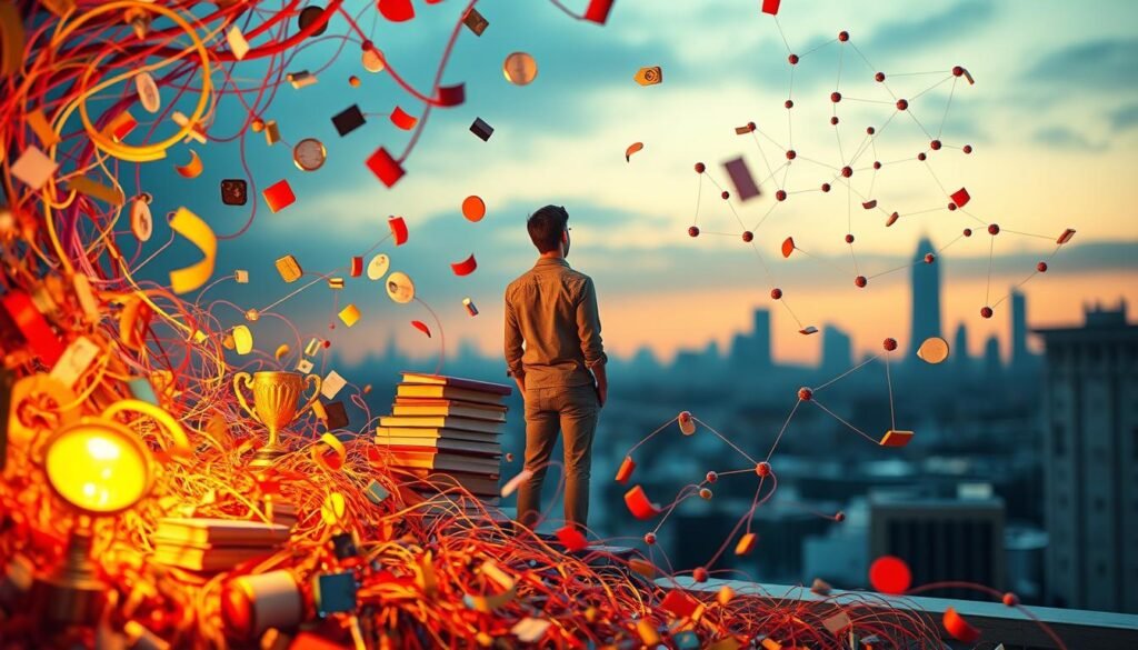 A vibrant, realistic scene depicting the interplay of goals and habits. In the foreground, a person stands amidst a swirling maelstrom of colorful, tangible representations of their aspirations - a trophy, a stack of books, a glowing computer screen. In the middle ground, this figure is surrounded by a web of habits, visualized as delicate strands connecting various everyday activities. The background features a softly blurred cityscape, hinting at the broader context in which these personal drivers and routines unfold. Warm, directional lighting illuminates the scene, creating a sense of focused determination and growth. The overall composition conveys the idea that the pursuit of success is an intricate balance between setting ambitious targets and cultivating the discipline to consistently work towards them.