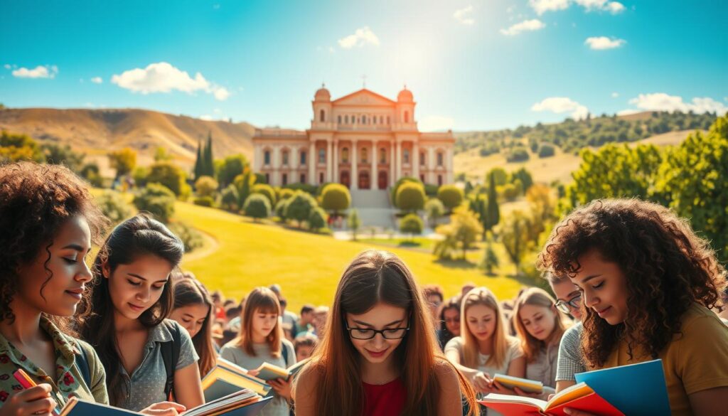 A vibrant, sun-dappled landscape showcasing the power of education. In the foreground, a group of diverse students of all ages engrossed in their studies, their faces alight with curiosity and determination. In the middle ground, an impressive academic building with grand, ornate architecture, its windows aglow with the illumination of knowledge. The background features rolling hills, verdant trees, and a clear, azure sky, symbolizing the boundless potential unlocked through the pursuit of learning. Soft, diffused lighting casts a warm, inspiring glow over the entire scene, conveying the transformative nature of education.