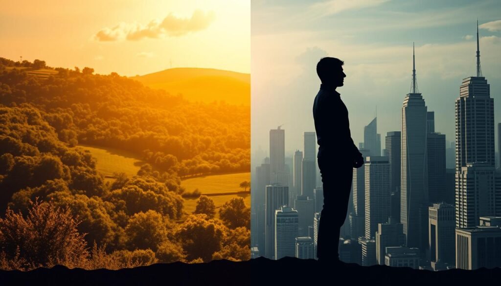 A vibrant visual contrast depicting the key differences between a growth mindset and a fixed mindset. In the foreground, two figures stand in profile, one with an open, expansive posture and the other in a closed, constrained stance. The background features a lush, verdant landscape in the growth mindset side, while the fixed mindset side is dominated by a stark, monochromatic cityscape. Warm, directional lighting illuminates the growth-oriented figure, while the fixed-mindset figure is cast in shadow. The composition emphasizes the stark contrast between the two perspectives, with a sense of dynamism and movement that captures the transformative power of adopting a growth mindset.