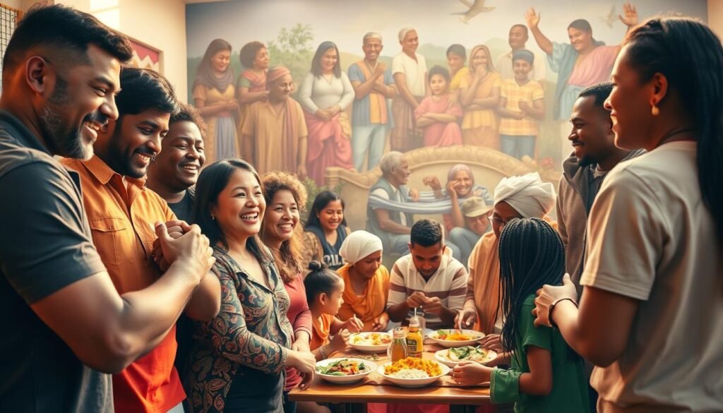A vibrant, warm-toned community gathering where people of diverse backgrounds come together in a spirit of mutual support and empowerment. In the foreground, a group of men, women, and children embrace, their faces alight with joy and camaraderie. The middle ground features a lively scene of people sharing a meal, exchanging stories, and engaging in lively discussions. In the background, a mural depicting scenes of resilience and triumph adds a deeper layer of meaning. The lighting is soft and natural, casting a golden glow that enhances the sense of togetherness and optimism. The overall composition conveys a powerful message of the transformative power of community in overcoming challenges and cultivating a mindset of abundance.
