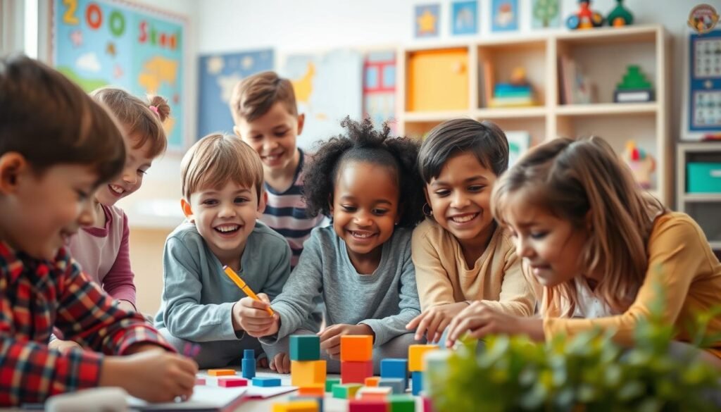 A warm, inviting scene depicting a group of children playing and interacting, conveying a sense of self-confidence, camaraderie, and joyful self-expression. The foreground features a diverse group of young kids, ages 5-10, engaged in various activities like drawing, reading, or building blocks, their faces animated with smiles and laughter. The middle ground shows the children supporting and encouraging one another, learning together in a cozy, brightly lit classroom setting. The background suggests an enriching, educational environment with colorful educational posters, bookshelves, and learning materials. The overall mood is one of nurturing, positivity, and the flourishing of young, self-assured individuals.
