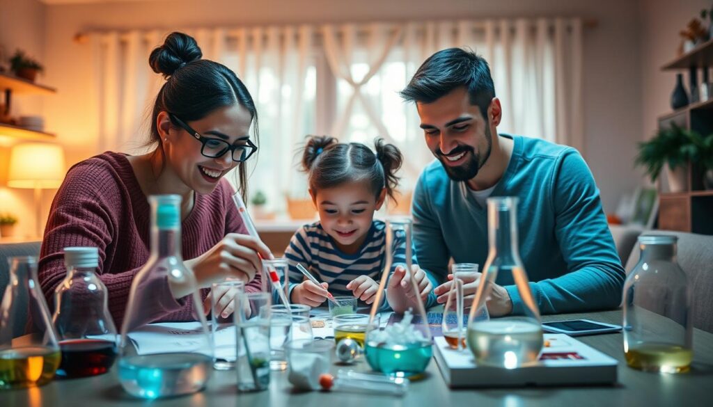 A warm, inviting scene of a family gathered around a table, actively engaged in an educational science experiment. In the foreground, a parent and child work together, their faces filled with wonder and excitement. The middle ground showcases various scientific instruments and materials, hinting at the interactive nature of the learning experience. The background depicts a cozy, well-lit home environment, suggesting a comfortable, nurturing setting for this family-centered scientific exploration. The lighting is soft, diffused, and natural, highlighting the sense of togetherness and shared discovery. The composition is balanced, with a harmonious blend of colors and textures, conveying a sense of harmony and learning.