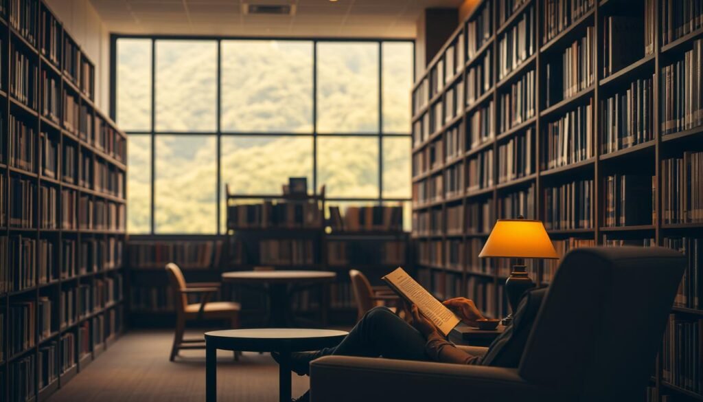 A warm, well-lit library interior with floor-to-ceiling bookshelves lining the walls. A cozy reading nook in the foreground, with a comfortable armchair and a small side table. Soft, diffused lighting casts a gentle glow, creating an atmosphere of contemplation and focus. In the middle ground, a person is engrossed in a book, their face illuminated by the pages. The background features a large window overlooking a lush, verdant landscape, symbolizing the expansive possibilities and intellectual growth that reading can bring. The overall scene conveys the importance of reading as a pathway to personal development and success.