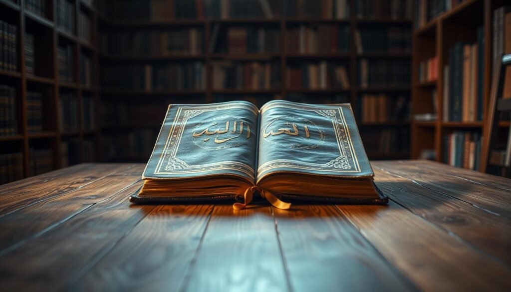 A weathered leather-bound book with gilded edges sits atop a wooden table, bathed in warm, soft lighting. The book's cover features an intricate Arabic calligraphic design, highlighting the title "الكتاب". The table is positioned in a cozy, well-lit study, with bookshelves lining the walls in the background, creating a sense of scholarly contemplation. The overall scene conveys a sense of knowledge, wisdom, and the timeless allure of the written word.