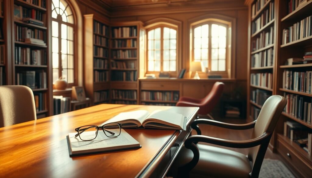 A well-lit and warm-toned study room, with a large wooden desk and a comfortable chair. On the desk, an open book and a pair of reading glasses, symbolizing the importance of reading and learning for contractors. The room is filled with bookshelves, suggesting a wealth of knowledge and resources available to the contractor. Natural light streams in through a window, casting a soft glow on the scene. The overall atmosphere is one of focus, contemplation, and intellectual growth, reflecting the significance of reading for the contractor's professional development.