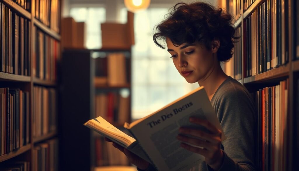 A well-lit, cozy study scene featuring a person thoughtfully examining an open book, surrounded by rows of neatly organized books on shelves. Soft, warm lighting casts a gentle glow, creating an atmosphere of contemplation and discovery. The book's cover is clearly visible, hinting at its subject matter. The person's expression conveys a sense of engagement and focus, as if considering the book's relevance and potential to enrich their knowledge or perspective. The background is slightly blurred, keeping the attention on the central figure and the book they hold.