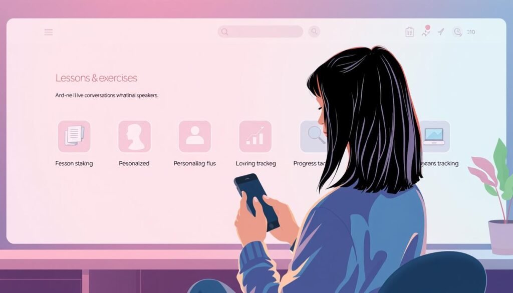 A well-lit, detailed digital illustration showcasing the key features of an online English learning platform. In the foreground, a student engages with a mobile app, exploring lessons and exercises. The middle ground features icons representing the platform's core functionalities - one-on-one live conversations with native speakers, personalized learning paths, and progress tracking. In the background, a clean, minimalist interface with a calming color palette creates a sense of focus and productivity. The overall composition conveys the ease, flexibility, and effectiveness of the learning experience.