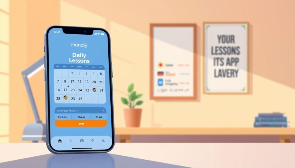 A well-lit, detailed illustration depicting the daily lessons and streaks feature of the Mondly language learning app. In the foreground, a smartphone screen showcases the Mondly app interface, displaying a calendar of daily language lessons and a progress tracker for streaks. The background features a warm, minimalist workspace setting with a desk, potted plant, and a motivational poster on the wall. Soft, diffused lighting casts a natural glow, creating a productive and inspiring atmosphere. The overall composition emphasizes the ease and consistency of using Mondly to build a daily language learning habit.