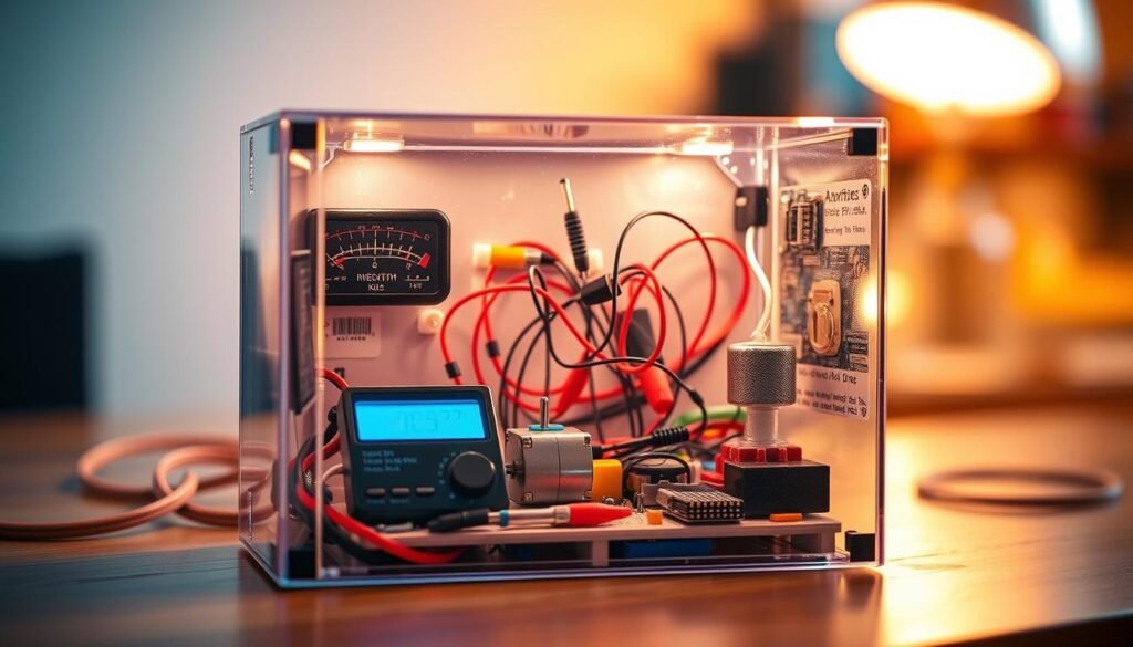 A well-lit, hands-on physics experiment box for curious kids, featuring a sleek, transparent design that allows them to observe the inner workings. The box is filled with a variety of science gadgets and tools, including a mini-voltmeter, a set of magnets, a small electric motor, and a collection of wires and connectors. The foreground is in sharp focus, while the background is slightly blurred, creating a sense of depth and drawing the viewer's attention to the experiment box. The lighting is warm and inviting, creating a cozy, educational atmosphere that encourages exploration and discovery. A well-lit, hands-on physics experiment box for curious kids, featuring a sleek, transparent design that allows them to observe the inner workings. The box is filled with a variety of science gadgets and tools, including a mini-voltmeter, a set of magnets, a small electric motor, and a collection of wires and connectors. The foreground is in sharp focus, while the background is slightly blurred, creating a sense of depth and drawing the viewer's attention to the experiment box. The lighting is warm and inviting, creating a cozy, educational atmosphere that encourages exploration and discovery.