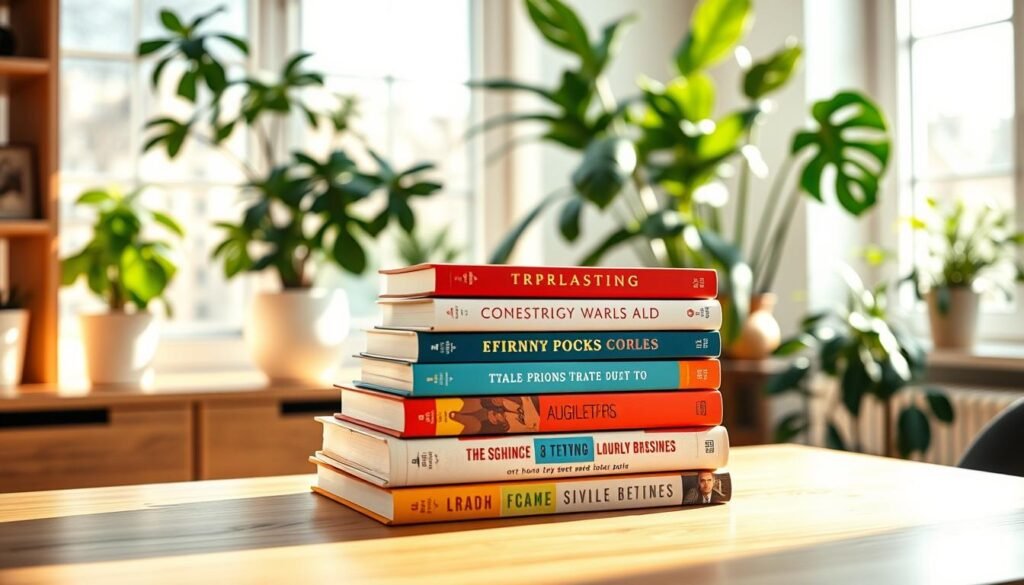 A well-lit, hardcover stack of inspiring entrepreneurial books sits on a minimalist wooden desk. The books have colorful, modern covers featuring bold typography and abstract designs. The desk is positioned in a sunlit, airy home office with warm, natural lighting. In the background, lush houseplants and a large window provide a serene, plant-filled environment. The overall mood is one of focus, productivity, and aspirational self-improvement for ambitious business leaders.