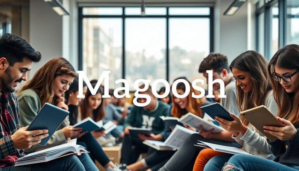 A well-lit, high-definition photograph of a group of students enthusiastically studying with the Magoosh test prep materials. The foreground features a diverse set of students of various ages and backgrounds, intently reviewing textbooks, flashcards, and digital devices. The middle ground showcases a large, prominently displayed Magoosh logo, conveying the branding and recognition of the test prep platform. The background depicts a modern, airy classroom setting with large windows allowing natural light to flood the scene, creating a warm, productive atmosphere. The overall mood is one of focus, engagement, and the clear benefits of using Magoosh for effective test preparation. A well-lit, high-definition photograph of a group of students enthusiastically studying with the Magoosh test prep materials. The foreground features a diverse set of students of various ages and backgrounds, intently reviewing textbooks, flashcards, and digital devices. The middle ground showcases a large, prominently displayed Magoosh logo, conveying the branding and recognition of the test prep platform. The background depicts a modern, airy classroom setting with large windows allowing natural light to flood the scene, creating a warm, productive atmosphere. The overall mood is one of focus, engagement, and the clear benefits of using Magoosh for effective test preparation.
