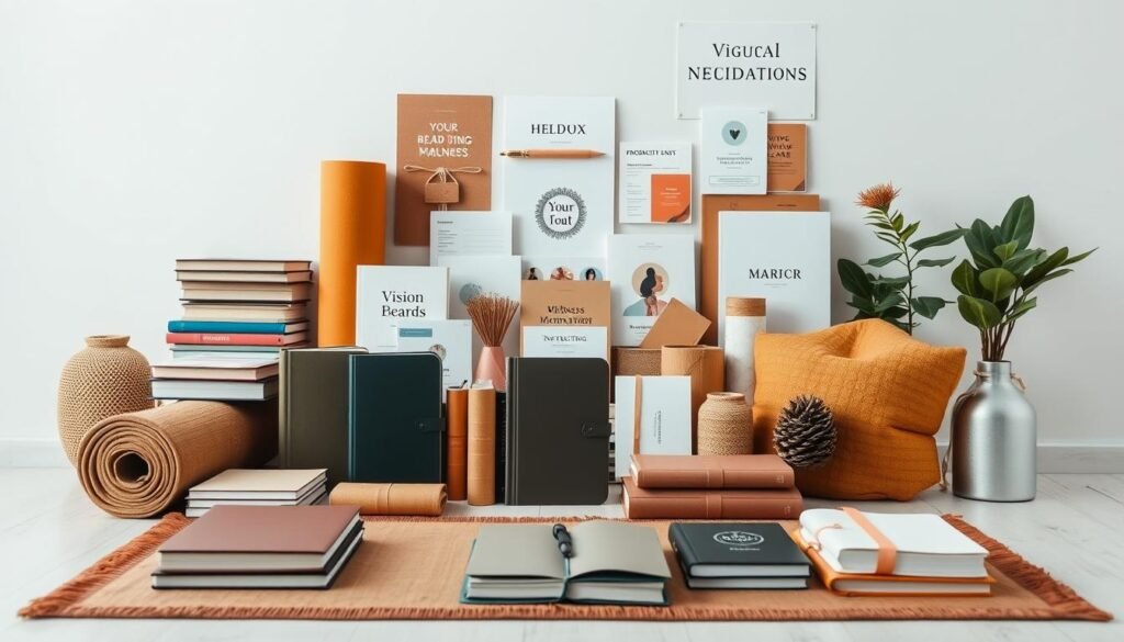 A well-lit, high-quality photograph showcasing a diverse array of self-improvement products. In the foreground, an arrangement of books, journals, and wellness accessories like yoga mats and meditation cushions in earthy tones. In the middle ground, various personal development tools such as vision boards, motivational cards, and productivity planners. The background features a clean, minimalist backdrop, allowing the products to take center stage. The overall composition conveys a sense of organization, harmony, and a commitment to personal growth and transformation.