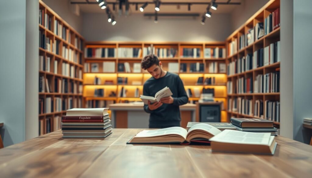 A well-lit, minimalist bookstore interior with a wooden table in the foreground showcasing an assortment of books. In the middle ground, a person carefully examining a book, deep in thought. The background features neatly arranged bookshelves with a warm, inviting ambiance. The lighting is soft and diffused, creating a contemplative atmosphere, encouraging the viewer to ponder the process of selecting the right book for their personal growth and development.