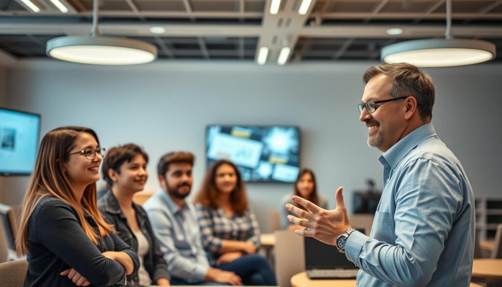 A well-lit, modern classroom setting. In the foreground, a smiling, professional instructor gestures as they engage with a group of attentive students, their faces conveying a sense of curiosity and active learning. In the middle ground, state-of-the-art learning equipment and interactive displays support the instructor's teachings. The background features a clean, minimalist design with warm, inviting lighting, creating an atmosphere of productivity and educational excellence. The overall scene captures the dynamic, supportive learning experience offered by Edureka.