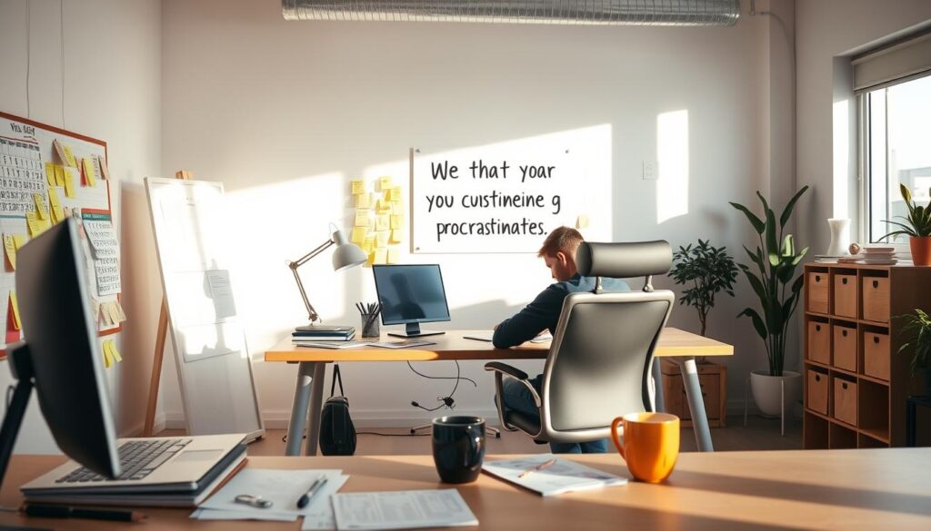 A well-lit office space with a large desk, a comfortable chair, and various productivity tools like a calendar, a to-do list, and a cup of coffee. In the foreground, a person sits at the desk, deep in thought, surrounded by inspirational sticky notes and a vision board. The middle ground features a motivational quote on the wall, and the background showcases a peaceful, minimalist setting with natural lighting streaming through the windows. The overall atmosphere exudes a sense of focus, determination, and a proactive approach to overcoming procrastination.
