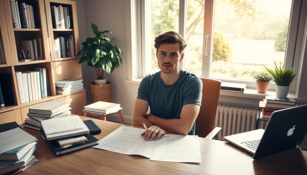 A well-lit study room with a desk, chair, and a large window overlooking a peaceful garden. On the desk, various study materials are neatly arranged, including textbooks, notepads, and a laptop. In the foreground, a person is seated at the desk, focused on a practice test in front of them. The room is bathed in warm, natural lighting, creating a calming and productive atmosphere. The person's expression conveys a sense of determination and confidence, reflecting their effective test-taking strategies. The image should inspire a sense of focus, preparation, and the rewards of diligent learning.