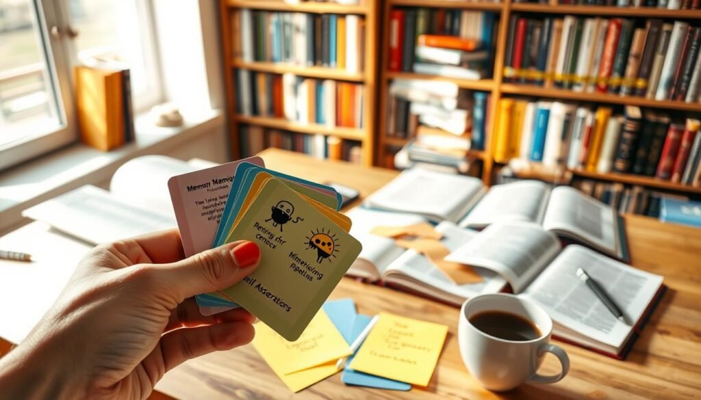 A well-lit study space with various memory techniques laid out. In the foreground, a hand holds a set of colorful memory cards with mnemonics and visual associations. The middle ground features open books, sticky notes, and a tidy desk with a cup of coffee and a notebook. The background showcases a bookshelf filled with volumes on cognitive psychology and self-improvement. The lighting is warm and inviting, creating a focused, educational atmosphere. The composition emphasizes the organization and intentionality of effective memory practices, reflecting the theme of "Improving Memory and Recall for Better Speaking".