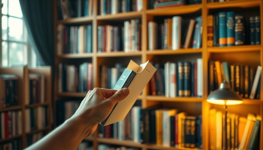 A well-lit study with a wooden bookshelf in the background, showcasing a diverse selection of books. In the foreground, a hand reaches out to carefully select a book, its cover prominently displayed. The lighting casts a warm, thoughtful glow, creating an atmosphere of contemplation and analysis. The scene conveys the deliberate process of choosing the right book to support analytical thinking, reflecting the subject matter of the article.
