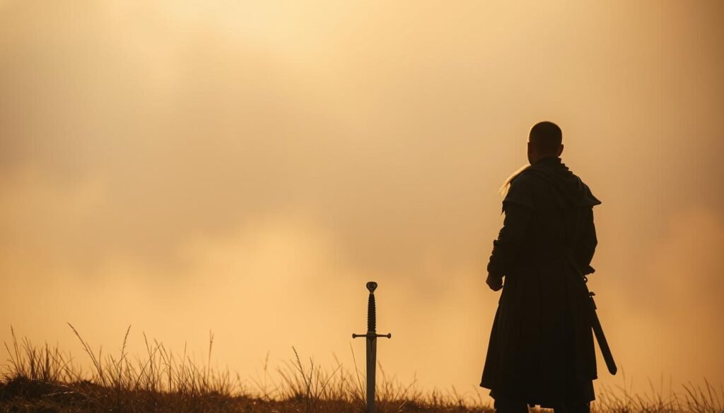 A wise warrior stands solemnly, their gaze fixed on the horizon. The foreground is bathed in a soft, golden light, casting a contemplative mood. In the middle ground, a sword rests at their feet, symbolizing strength and discipline. The background is shrouded in mist, suggesting the mysteries and complexities of the warrior's philosophical journey. The scene is captured with a cinematic, wide-angle lens, emphasizing the warrior's stoic presence and the vast, ethereal landscape they inhabit.