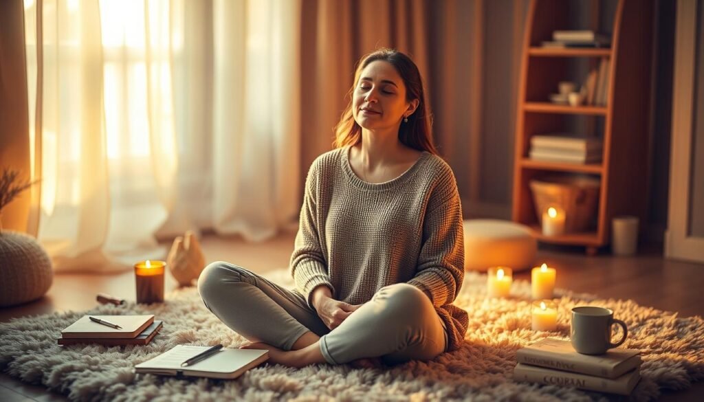 A woman sitting on a soft, cozy rug, surrounded by self-care items like candles, journals, and a warm beverage. She has a serene, compassionate expression on her face as she practices mindfulness, overcoming the urge to procrastinate. The room is bathed in warm, golden lighting, creating a calming, introspective atmosphere. The background is blurred, focusing the viewer's attention on the woman's introspective pose. The overall scene conveys a message of self-acceptance, inner peace, and the power of self-compassion to overcome procrastination.