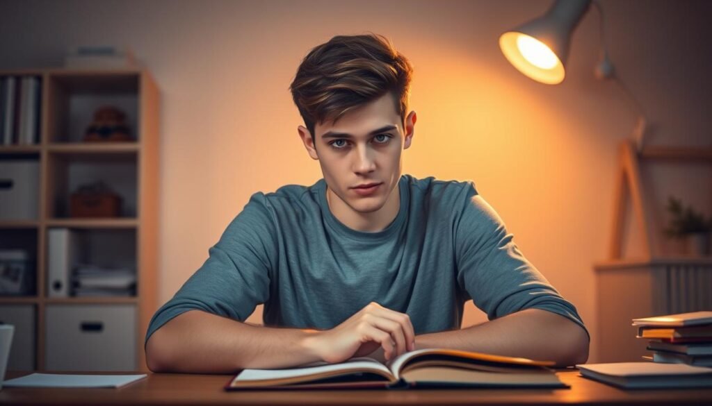 A young person sitting at a desk, deep in thought, their face illuminated by a warm, focused light. The background is a serene, minimalist workspace, free of clutter, allowing the viewer to concentrate on the subject's inner journey of overcoming procrastination. The pose suggests a sense of determination and clarity, as the person appears to be making a conscious effort to address the challenge at hand. The overall atmosphere is one of quiet contemplation, conveying the idea of finding focus and direction amidst the distractions of modern life.
